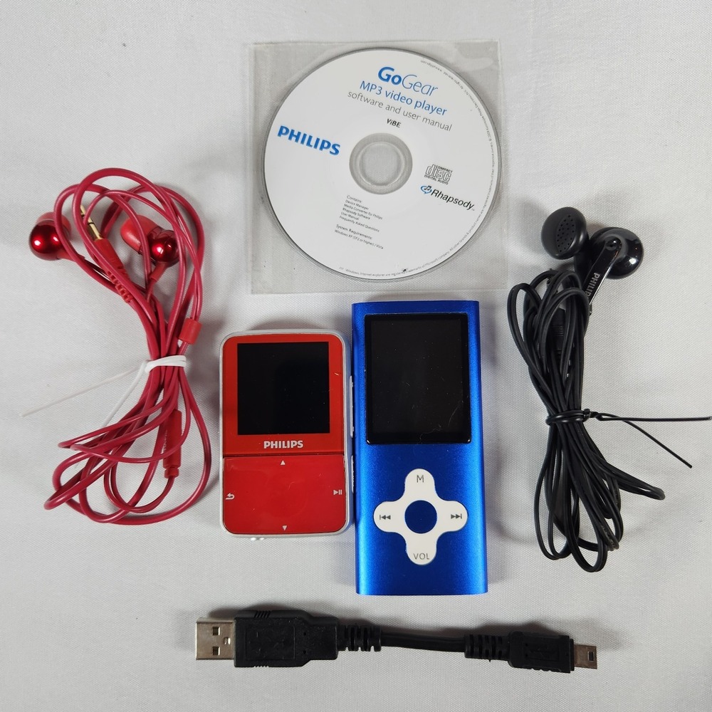 Vintage MP3 Player Lot Philips GoGear Vibe Red 4GB & Eclipse Blue 8GB Bundle